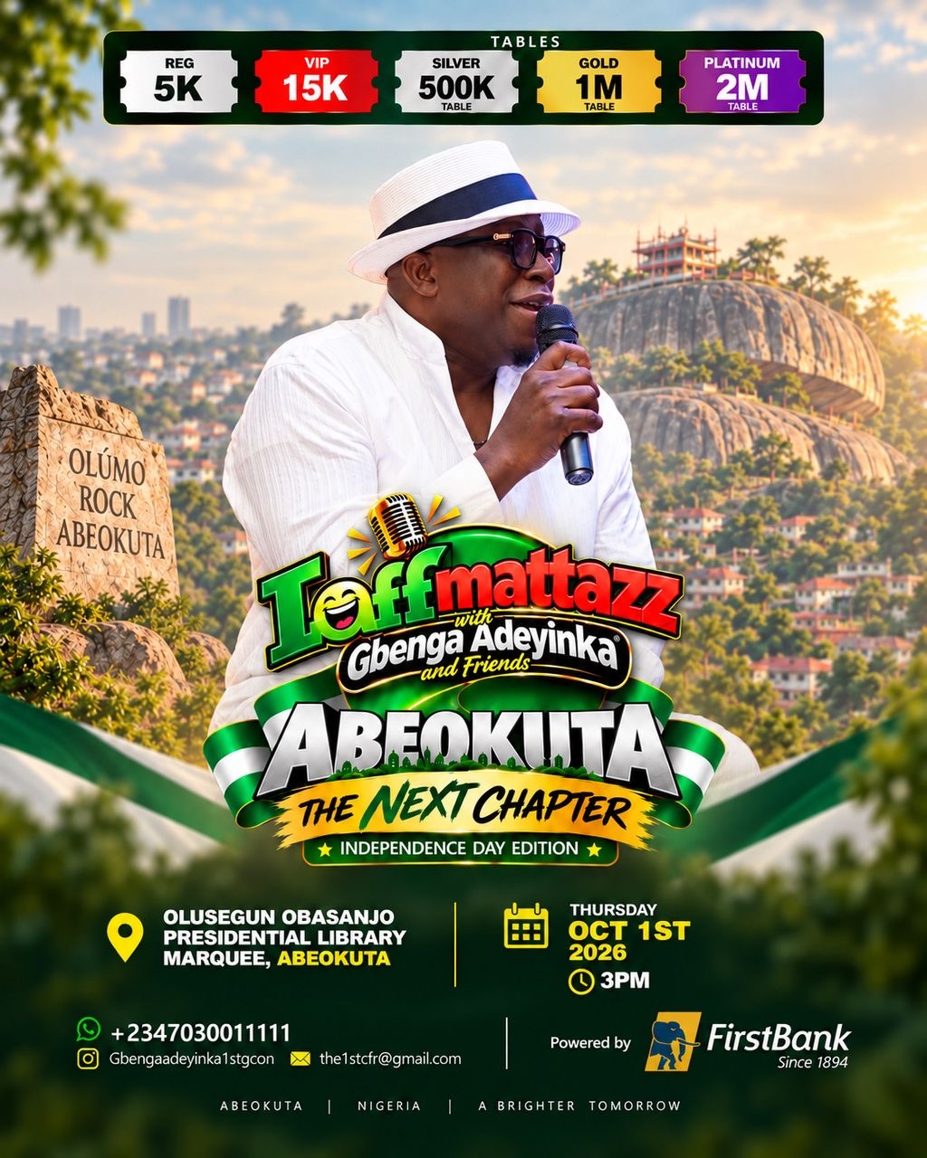 Official flyer for Laffmattazz with Gbenga Adeyinka and Friends in Abeokuta on 1 October 2026.