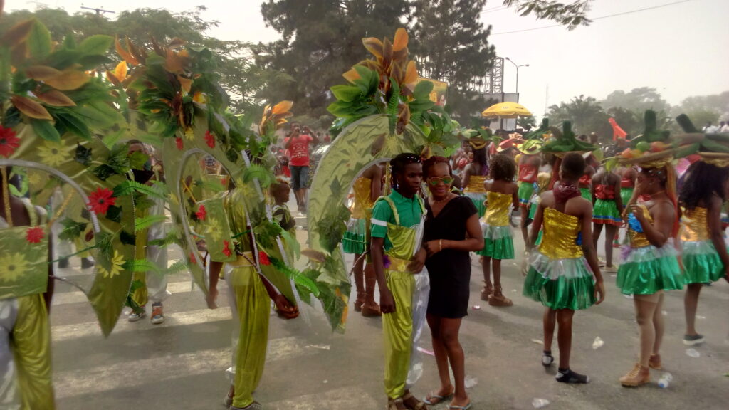 Performers from Passion 4 band preparing for the Calabar Carnival parade in Nigeria.