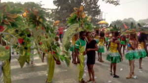 Performers from Passion 4 band preparing for the Calabar Carnival parade in Nigeria.