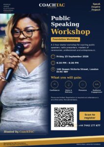 CoachTAC Public Speaking Foundation Workshop flyer in London, sponsored by TAC Foundation