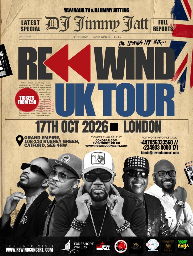 Rewind UK Tour London 2026 flyer featuring Sir Shina Peters, DJ Jimmy Jatt, 9ice, African China and Yaw