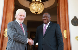 US Ambassador Leo Brent Bozell III with South African President Cyril Ramaphosa during a diplomatic meeting in 2026.