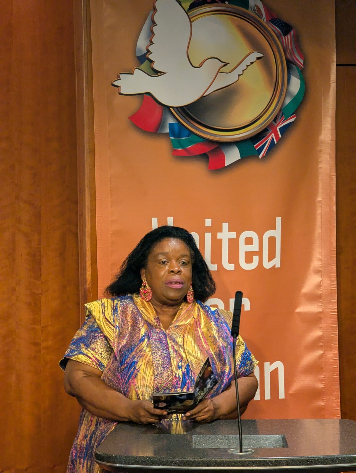 Eleanor Daibowon Moore speaking at the International Day of Peace round-table event in London.