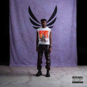 Anendlessocean in the promotional artwork for Freedom, standing before a purple backdrop with black wing graphics