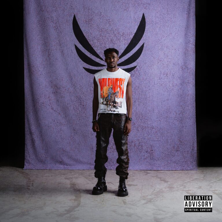 Anendlessocean in the promotional artwork for Freedom, standing before a purple backdrop with black wing graphics