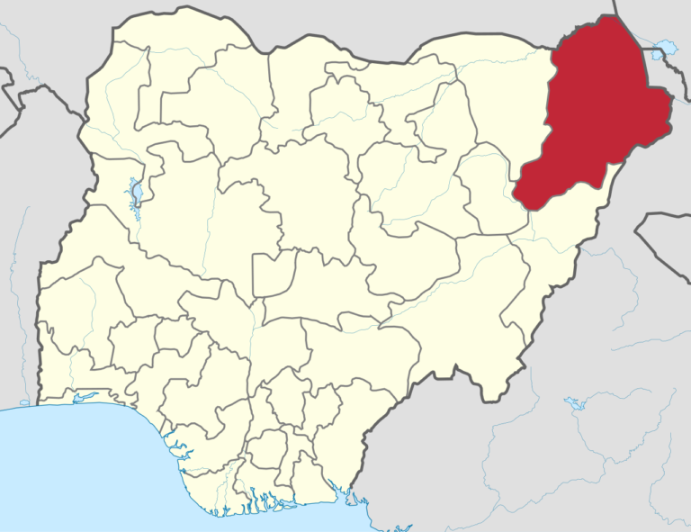 Map of Nigeria highlighting Borno State in the north-east