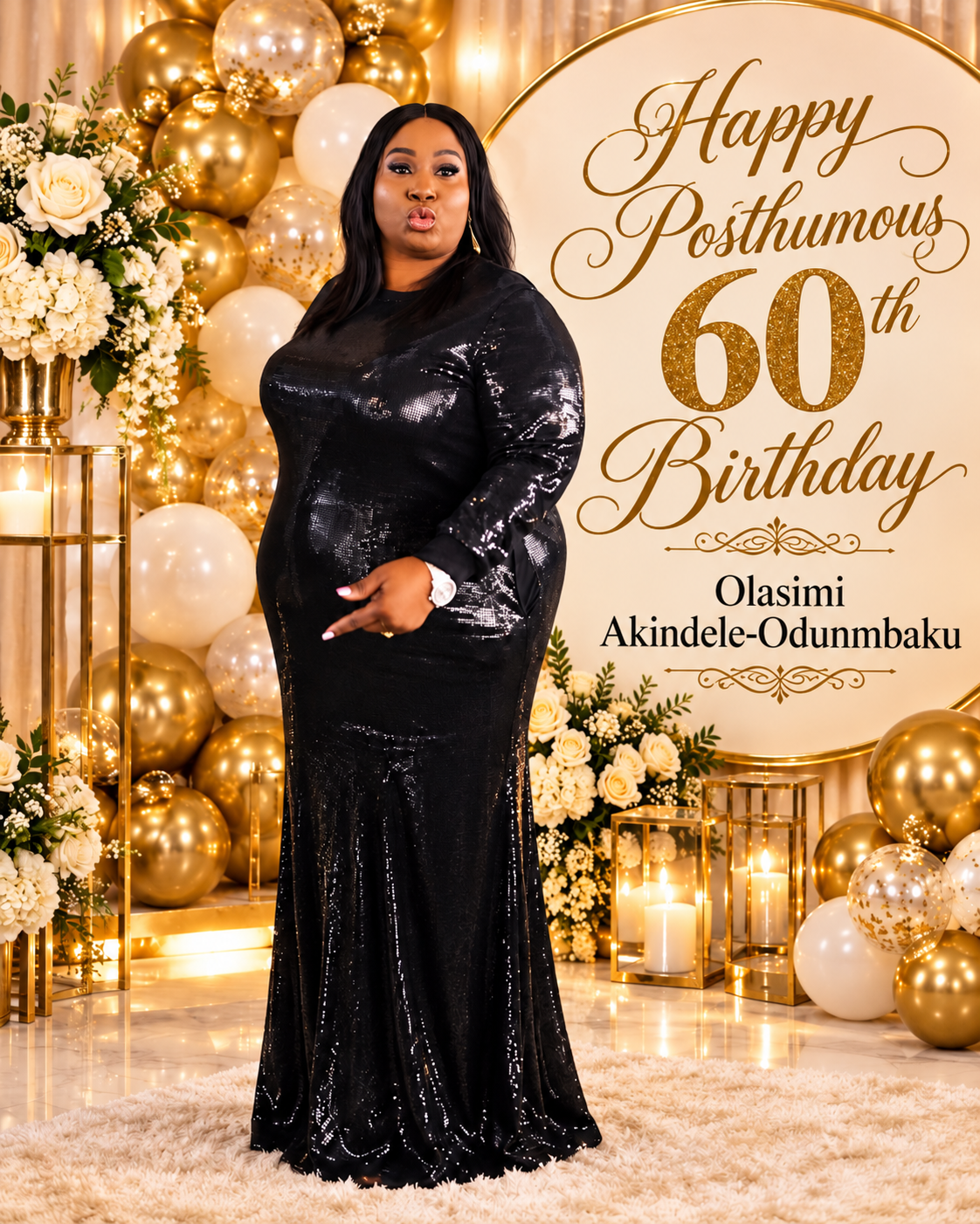 Happy posthumous 60th birthday portrait of Olasimi Akindele-Odunmbaku surrounded by gold and cream birthday decorations