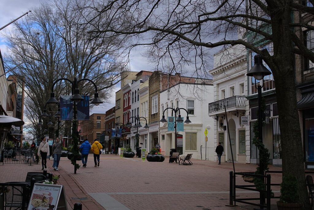 Charlottesville’s Downtown Mall in January 2024, used as a location illustration for a book event.