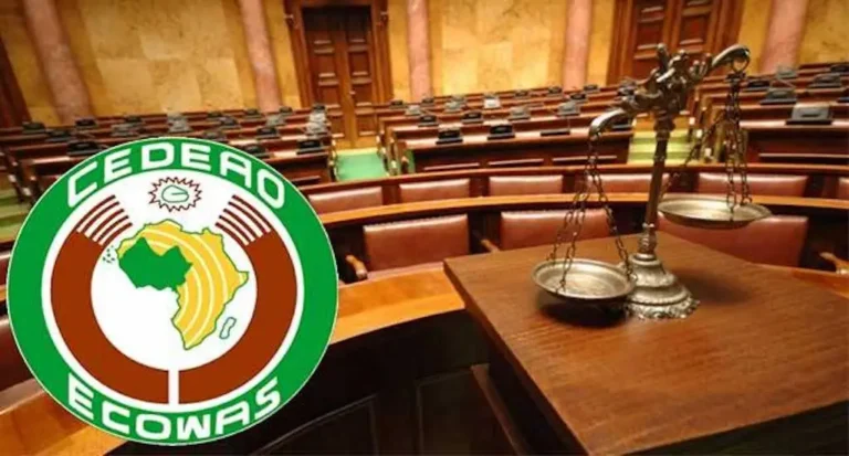 Illustrative composite of the ECOWAS emblem, scales of justice and a courtroom; not a photograph of the SERAP hearing