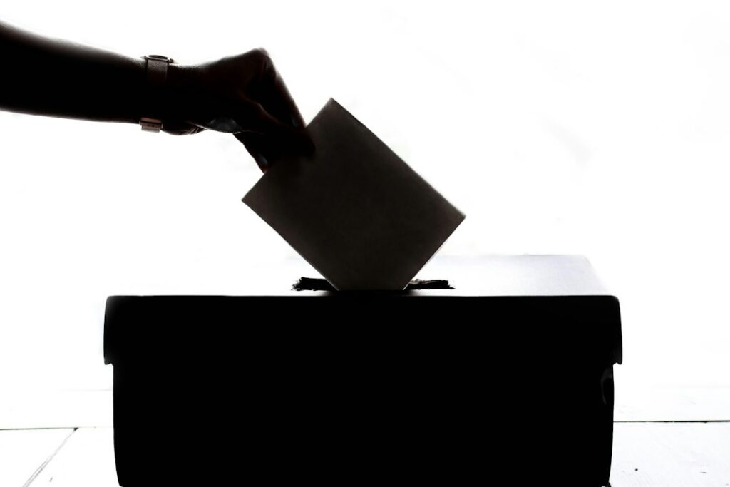 A voter places a ballot into a box, illustrating election observation
