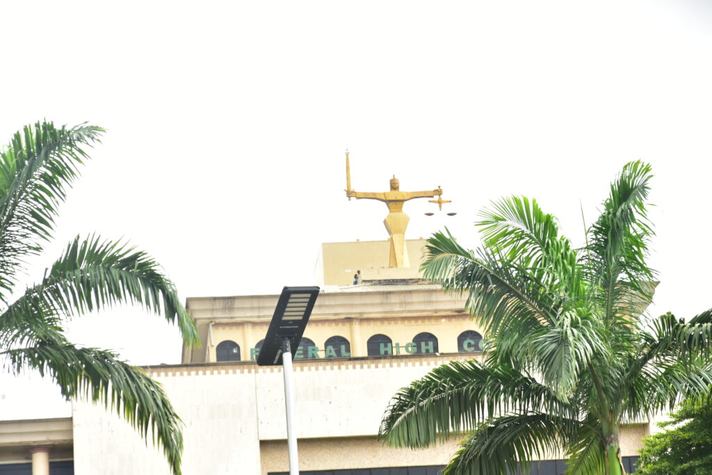 Archive photograph of the Federal High Court headquarters in Abuja, with its justice statue, taken on 29 July 2026