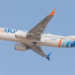 A Flydubai Boeing 737 MAX 8 aircraft taking off from Tel Aviv airport