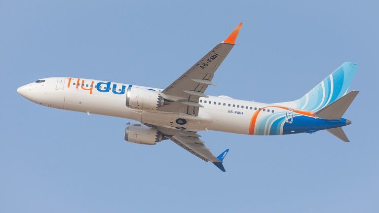 A Flydubai Boeing 737 MAX 8 aircraft taking off from Tel Aviv airport