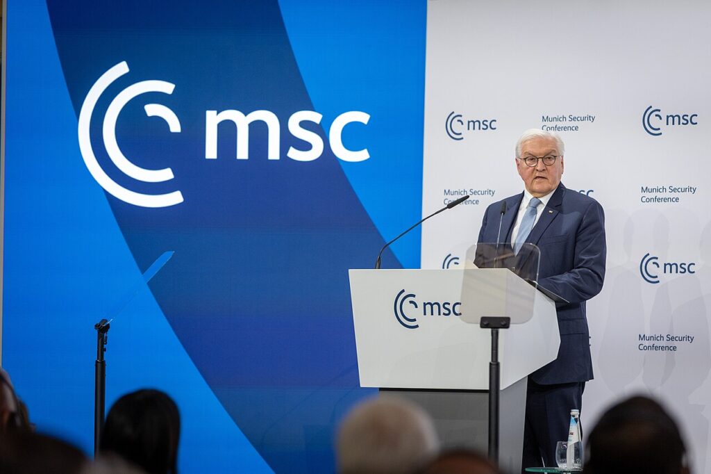 German President Frank-Walter Steinmeier speaking at a podium