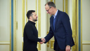 German Chancellor Friedrich Merz shakes hands with Ukrainian President Volodymyr Zelenskyy in Kyiv
