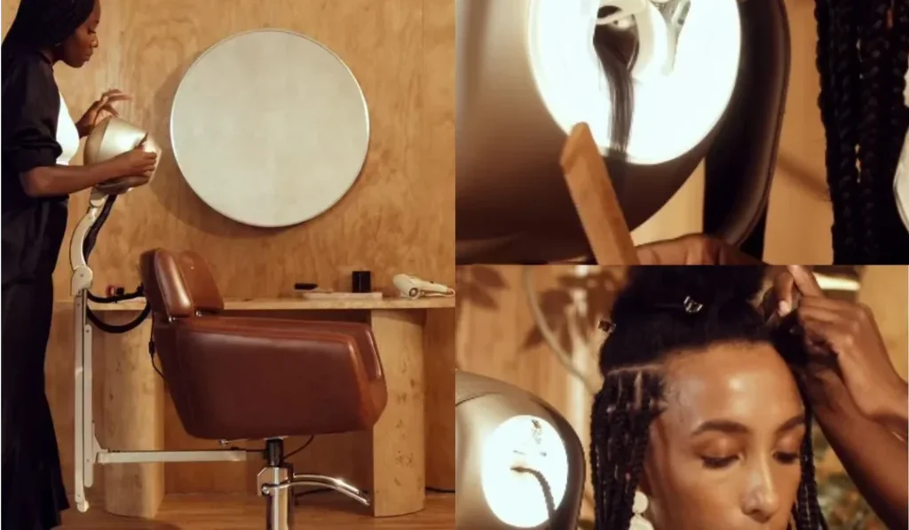 Photographic collage showing the HaloBraid device beside a salon chair and close views of its use during braiding.
