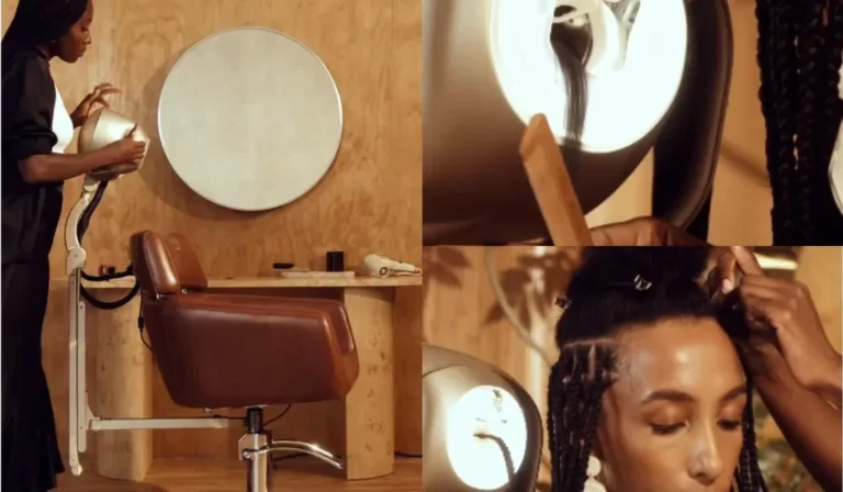 Photographic collage showing the HaloBraid device beside a salon chair and close views of its use during braiding.