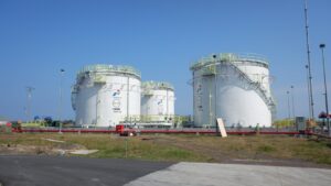 Large industrial storage tanks used for petroleum products