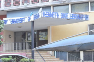 Entrance to Kenneth Dike Library at the University of Ibadan, photographed in December 2021