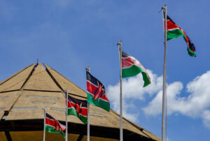 Kenyan national flag flying in Nairobi, photographed in April 2016.