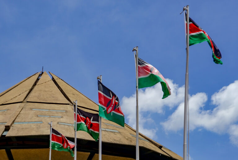 Kenyan national flag flying in Nairobi, photographed in April 2016.