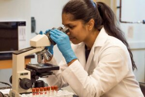 Laboratory scientist examining samples through a microscope