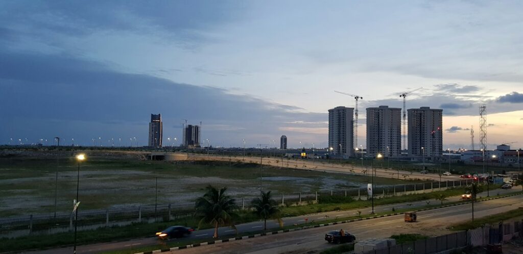 Road and city buildings in Lagos, Nigeria