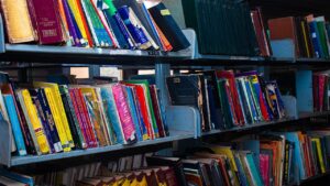 Library books illustrating language learning; not Tomi Adeshokan or her classroom