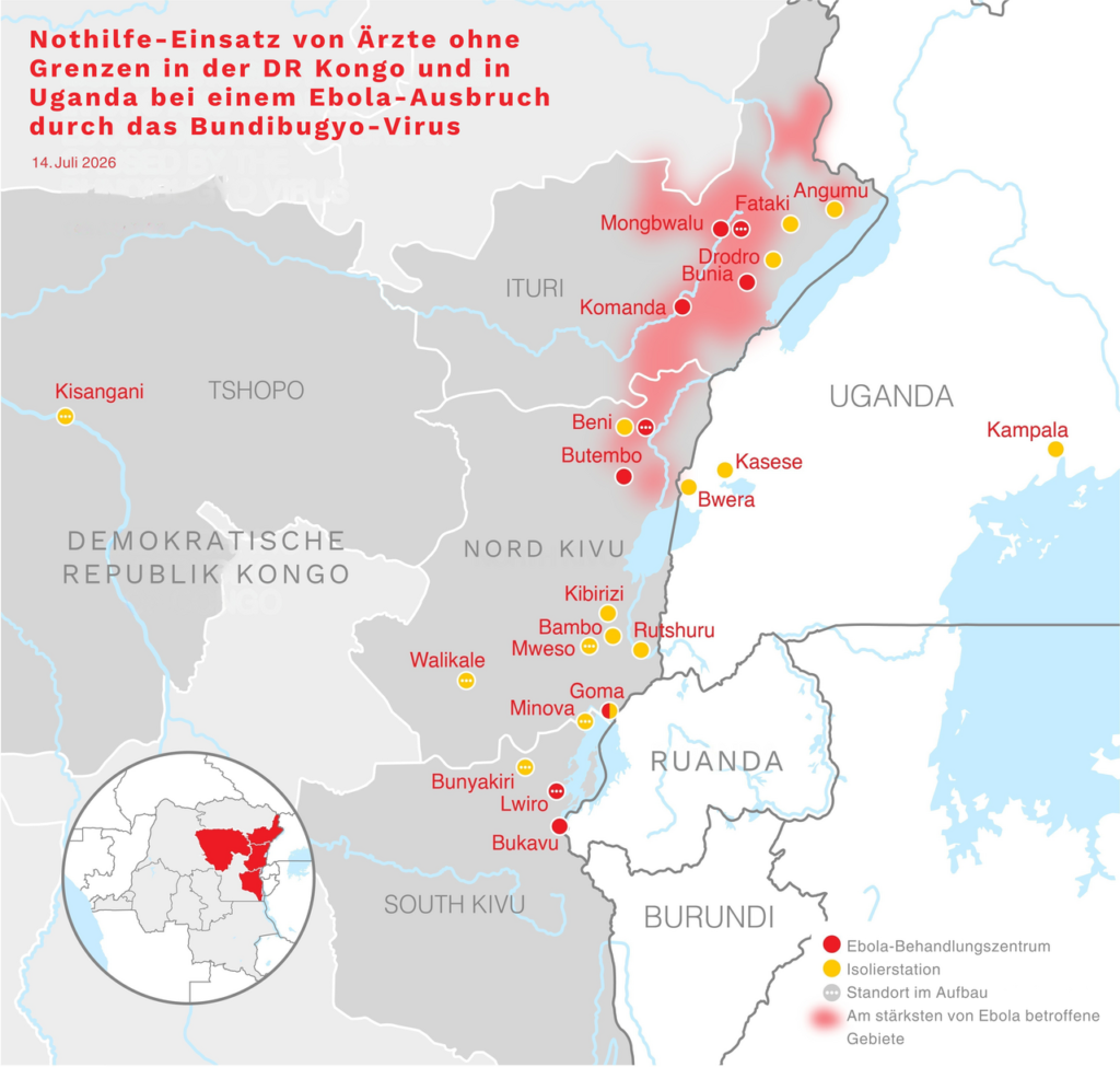Map of MSF Ebola treatment centres and isolation units in eastern DR Congo and Uganda