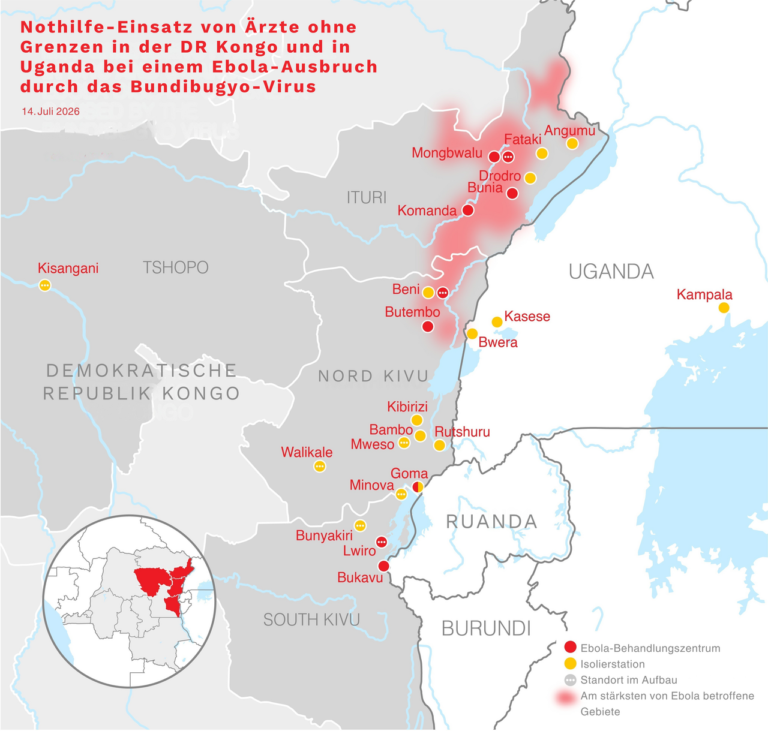 Map of MSF Ebola treatment centres and isolation units in eastern DR Congo and Uganda