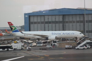 South African Airways Airbus A350-900 at OR Tambo airport on 31 October 2019; archive illustration, not the 22 October 2026 evacuation flight.