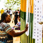 A Nigerian voter checks for her name on the voters list during the 2019 general election