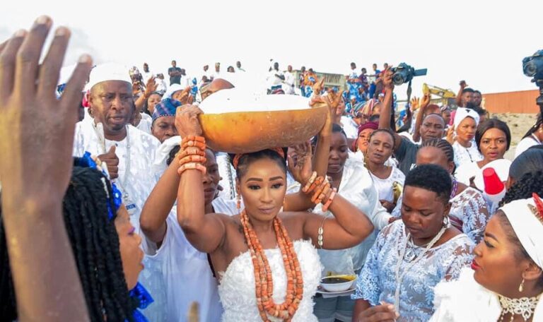 Participants in white clothing at an earlier Olokun Festival cultural gathering