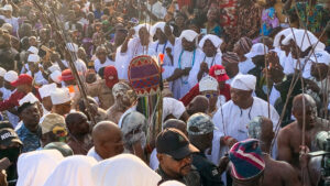 Ooni of Ife Oba Adeyeye Enitan Ogunwusi wearing the sacred Aare Crown
