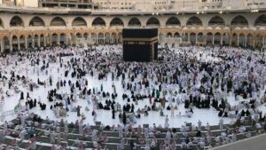 Pilgrims gathered around the Kaaba at Masjid al-Haram in Mecca