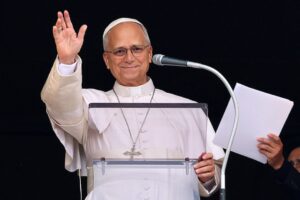 Pope Leo XIV appears at the Apostolic Palace window during his first public event after cancer surgery