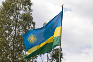 Rwandan flag flying outdoors, photographed on 24 February 2008. Archive illustration.
