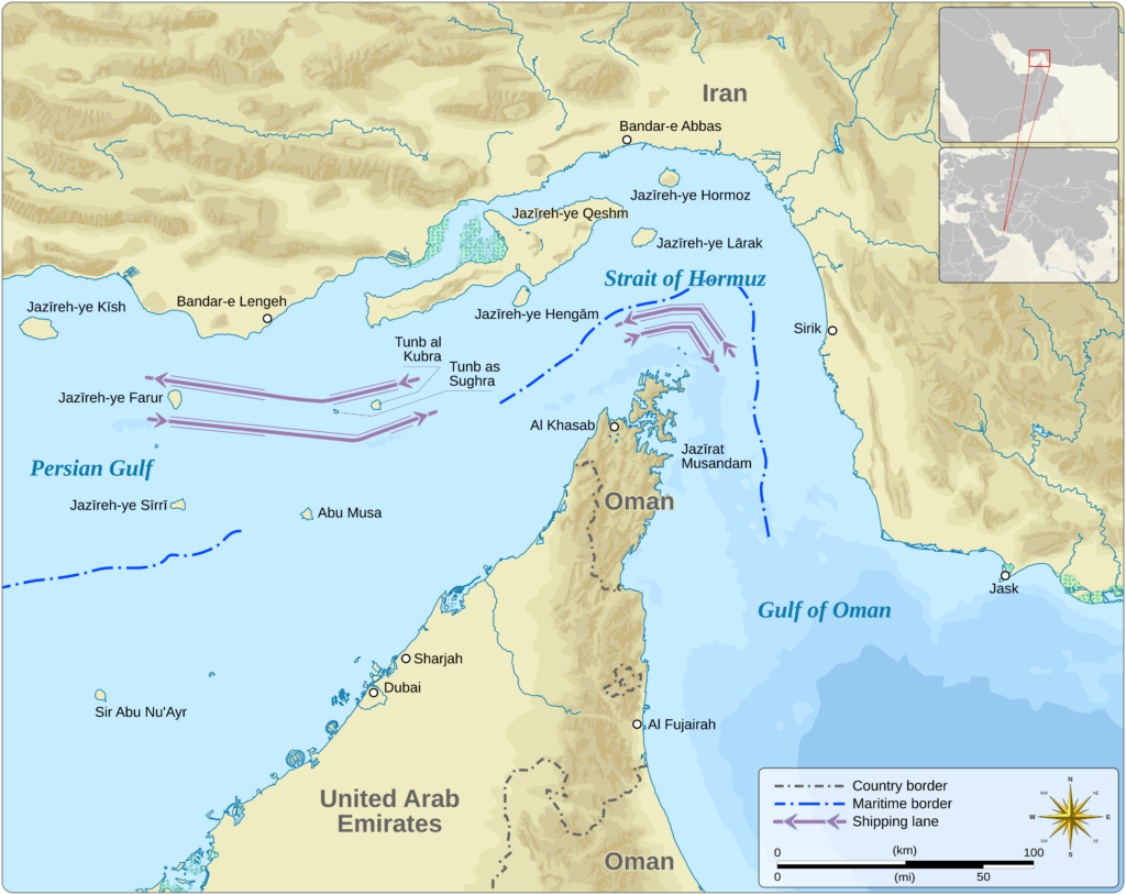 Map of the Strait of Hormuz showing shipping lanes between Iran, Oman and the United Arab Emirates