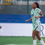 Super Falcons players celebrate a goal during Nigeria’s 5-0 victory over Comoros in Ikenne
