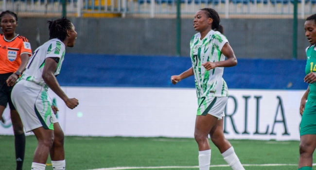 Super Falcons players celebrate a goal during Nigeria’s 5-0 victory over Comoros in Ikenne
