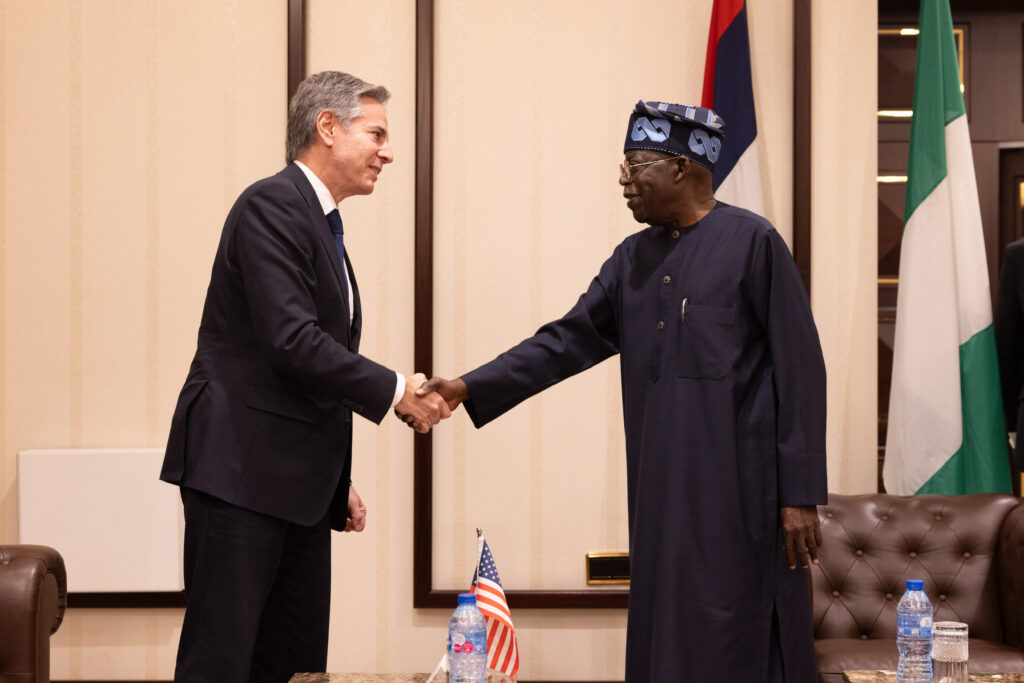 President Bola Tinubu shaking hands with Antony Blinken in Abuja in an archive photograph from 23 January 2024.