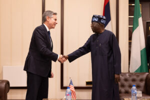 President Bola Tinubu shaking hands with Antony Blinken in Abuja in an archive photograph from 23 January 2024.
