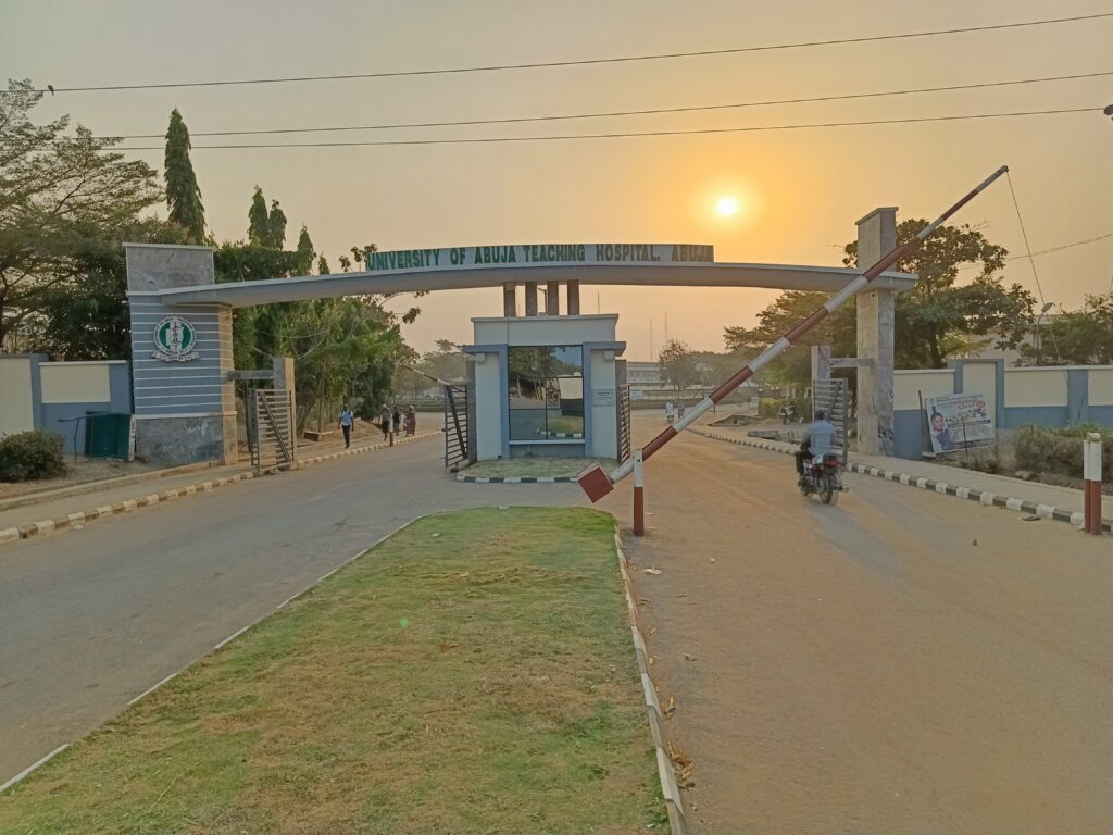 University of Abuja Teaching Hospital entrance in Gwagwalada, photographed on 20 January 2024; archive location illustration.