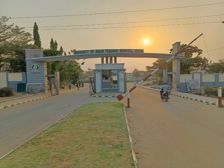 University of Abuja Teaching Hospital entrance in Gwagwalada, photographed on 20 January 2024; archive location illustration.