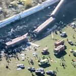 Guardia Civil aerial image of damaged trains and emergency vehicles at Urda on 28 October 2026