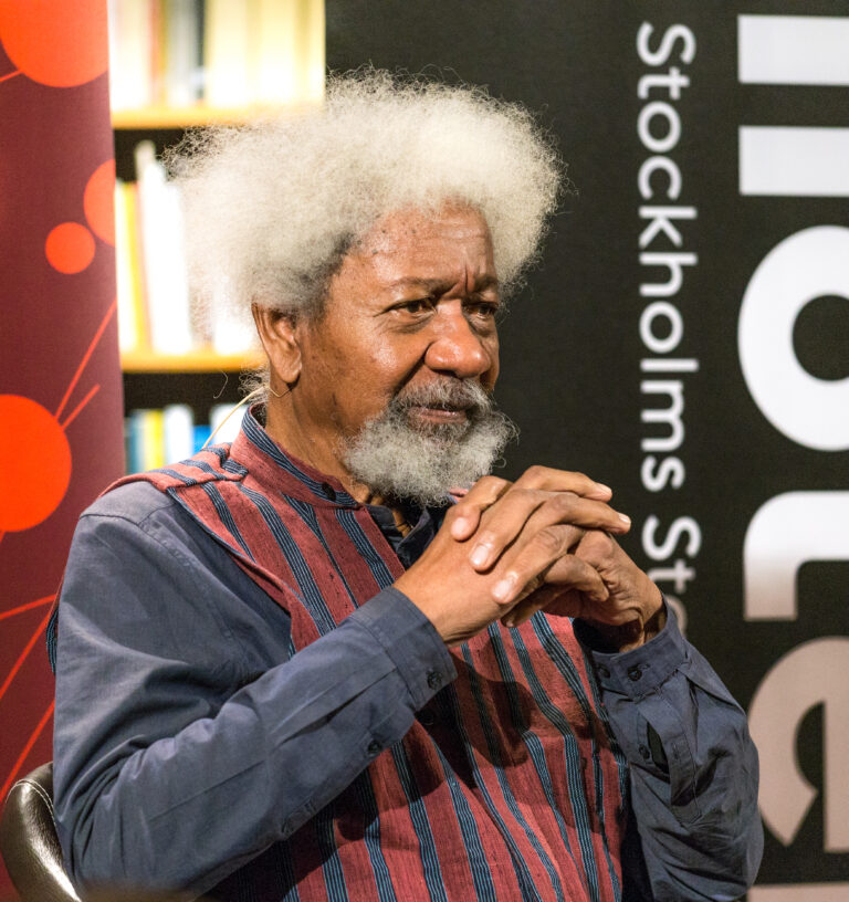 Wole Soyinka speaking at Stockholm Public Library on 4 October 2018; archive portrait, not the Bristol screening