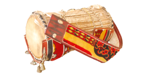 Yoruba talking drum with tension cords, decorated straps and bells, photographed in 2017; illustrative object, not from Aafin Ilu.